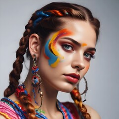 Naklejka premium Portrait of a beautiful woman with colorful artistic face paint