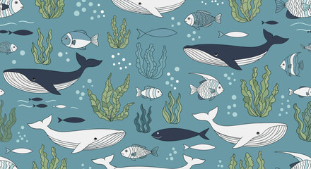 Ocean Life Vector Pattern with Whales Fish and Seaweed Modern Underwater Design