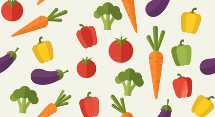 Vegetable Vector Pattern Flat Design with Carrots Tomatoes Peppers Broccoli Eggplant Colorful and Organic Style