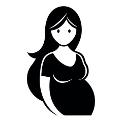 Simple Black and White Pregnant Woman Illustration with Long Hair and Baby Bump