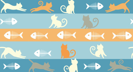 Fototapeta premium Animal Vector Pattern with Cat Silhouettes and Fishbone Icons in Striped Backgrounds Decorative Design