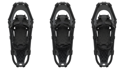 Black snowshoes show design in studio light. Equipment for winter sports, outdoor activities. Use for product presentation, outdoor gear advertisement, posters.