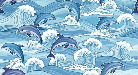 Ocean Wave and Dolphin Vector Pattern for Marine Design Blue Sea Illustration