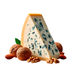 A wedge of gorgonzola cheese melting at the edges with creamy blue veins visible, surrounded by walnut halves