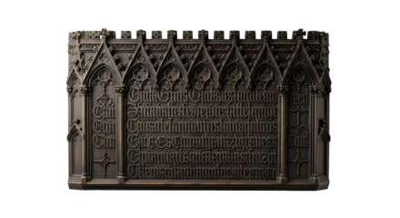 Intricate gothic style metal panel with ornate carvings isolated on transparent background, showcasing detailed craftsmanship and historical design elements