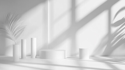 Fototapeta premium Minimalist white product display with palm leaf shadows and cylindrical stands