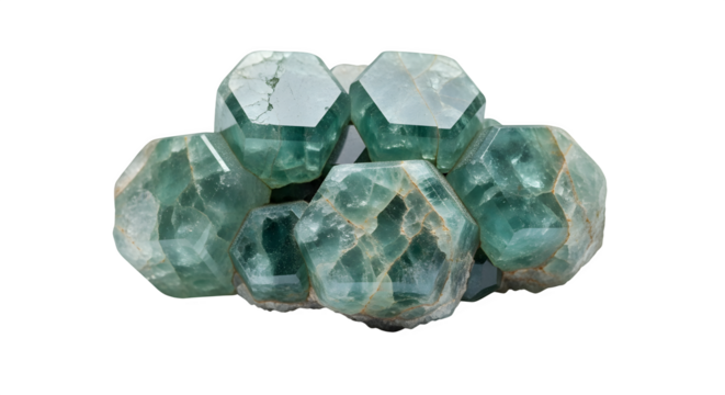 Cluster of green fluorite octahedron crystal isolated on transparent background, showcasing its natural beauty and mineralogical properties