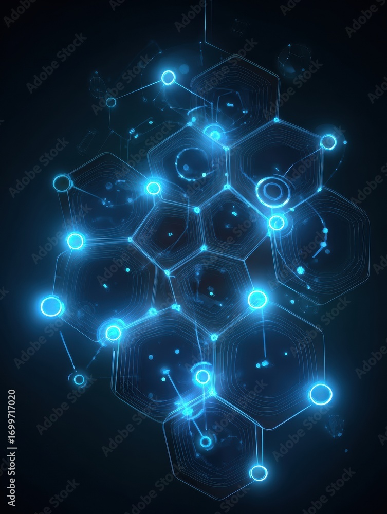 Poster futuristic blue glowing hexagonal network representing digital technology and connectivity in a dark