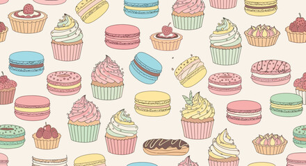 Sweet Vector Pattern with Cupcakes Macarons and Pastries in Pastel Colors Hand Drawn Style