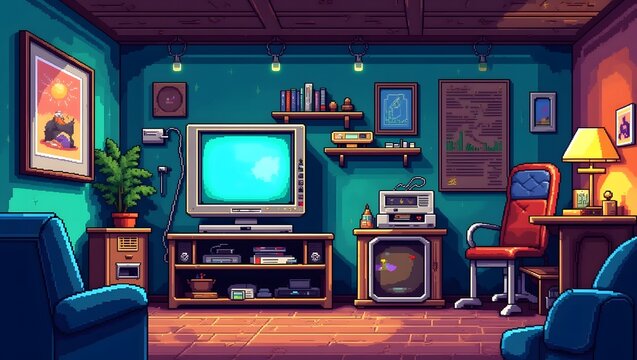 Pixel Art Game Room with Retro Video Game Console – 8 Bit Retro Style Background Illustration - Powered by Adobe