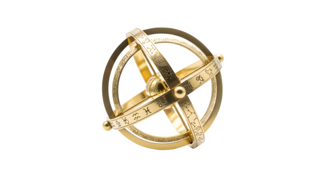 Golden armillary sphere isolated on transparent background, representing astronomy, navigation, and scientific exploration in a vintage and decorative style