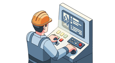 Control Room Engineer Vector Art &ndash; Industrial Worker Using Control Panel contruction in Flat Cartoon Illustration for Plant, Machinery, and Automation Industry