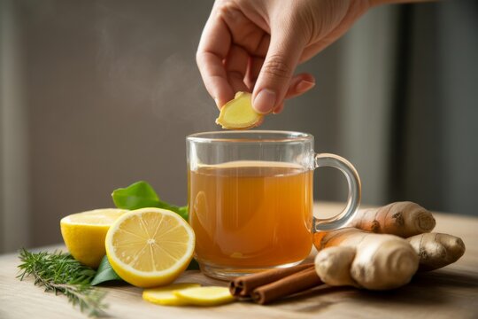 Hand gently drops thin ginger slice into warm lemon tea with spices for healthy beverage preparation
