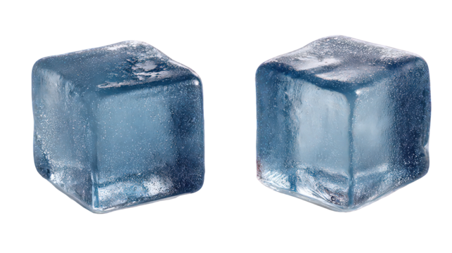 Two Blue Ice Cubes with Glittering Texture on Transparent Background
