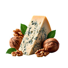 A wedge of gorgonzola cheese melting at the edges with creamy blue veins visible, surrounded by walnut halves