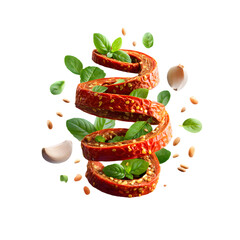 A visual spiral of sun-dried tomatoes captured in mid-spin, oily texture highlighted with small garlic slices and basil hints around