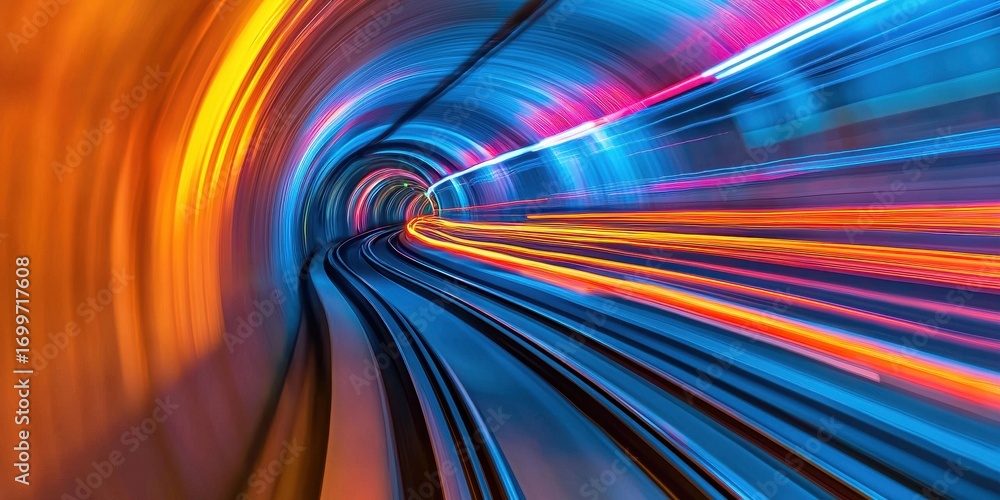 Poster dynamic motion blurring of lights in a colorful tunnel experience