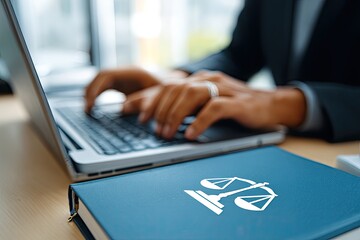 Close-up of lawyer working on laptop.  Legal book with scales of justice