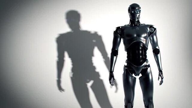 Dark Silhouette of AI Robot Casting Human Shadow: Exploring AI Ethics and Identity