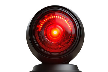 Futuristic red glowing surveillance camera eye with bright lights and reflection in black background