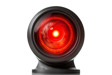 Futuristic red eye lens with glowing light symbolizing artificial intelligence and advanced tech