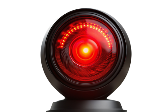 Futuristic red glowing surveillance camera eye with bright lights and reflection in black background