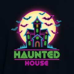 Spooky haunted house with neon lights and bats under a full moon