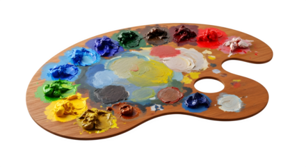Wooden artists palette with vibrant oil paints isolated on transparent background, perfect for creative projects and artistic endeavors