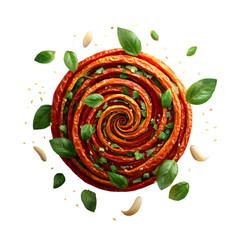 A visual spiral of sun-dried tomatoes captured in mid-spin, oily texture highlighted with small garlic slices and basil hints around