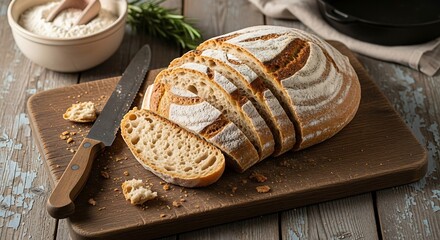 Freshly Baked Artisan Sourdough Bread Slices Artfully Arranged on a Rustic Wooden Cutting Board, Highlighted by a Knife, Flour, and Rosemary, Evoking Homemade Warmth and Culinary Delight