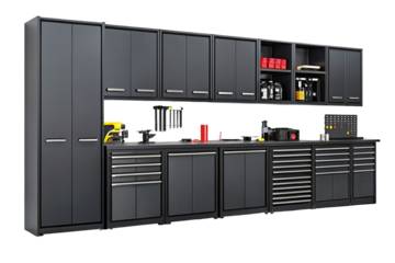 Modern garage storage solution with sleek black cabinets and organized workspace design setup