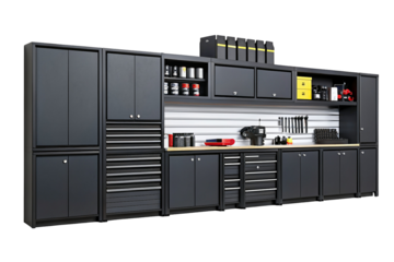 Modern garage storage solutions with sleek cabinetry and organized workspace for a tidy environment