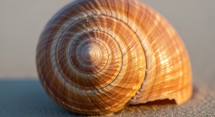 Fototapeta premium A beautifully detailed snail shell with its perfect spiral pattern rests on sandy shores, bathed in the warm, golden light of the sun
