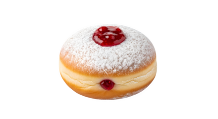 Delicious sufganiyah isolated on transparent background, a traditional hanukkah jelly donut filled with strawberry jam and sprinkled with powdered sugar