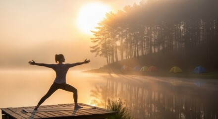 Fototapeta premium Woman practicing yoga warrior pose on a wooden pier at sunrise with misty lake and forest