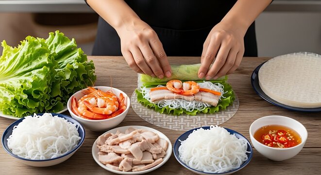 Food preparation of Goi Cuon with shrimp and fresh herbs