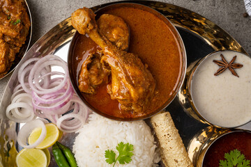 Chicken Kohlapuri is spicy Maharashtrian delicary of tender boneless chicken cooked with aromatic roasted ground spices and coconut. India food.