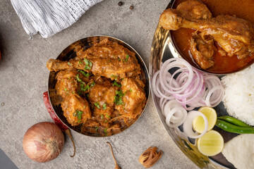 Chicken Kohlapuri is spicy Maharashtrian delicary of tender boneless chicken cooked with aromatic roasted ground spices and coconut. India food.