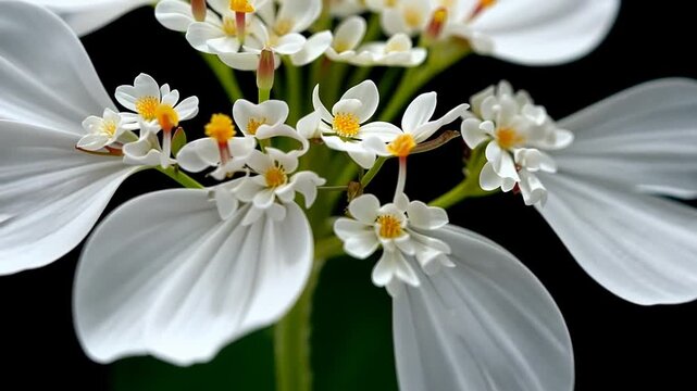 A delicate white candytuft flower with intricate central florets and vibrant yellow stamens is captured in a stunning macro shot against a pure black background.