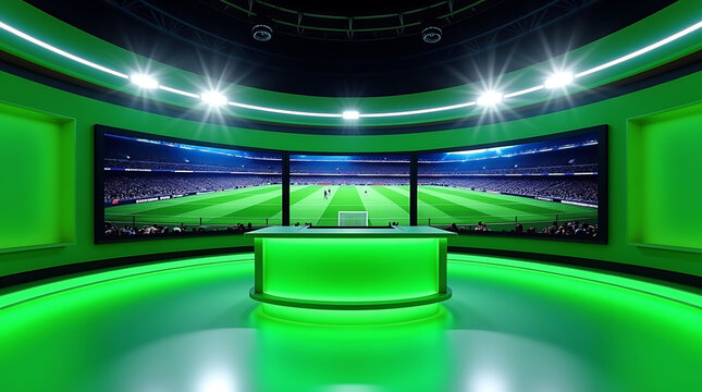 Modern green sports studio with large curved screen showing soccer stadium television broadcast