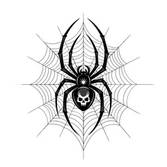 Obraz premium Intricate black spider with a skull design in a web, showcasing detailed lines and symmetry