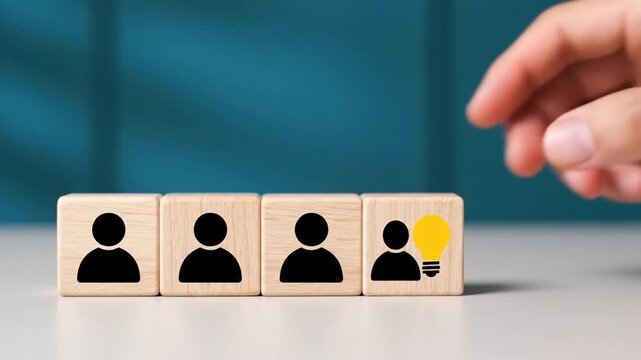 Hand selecting a unique wooden block with a lightbulb icon representing innovation and creative thinking among a row of people icons