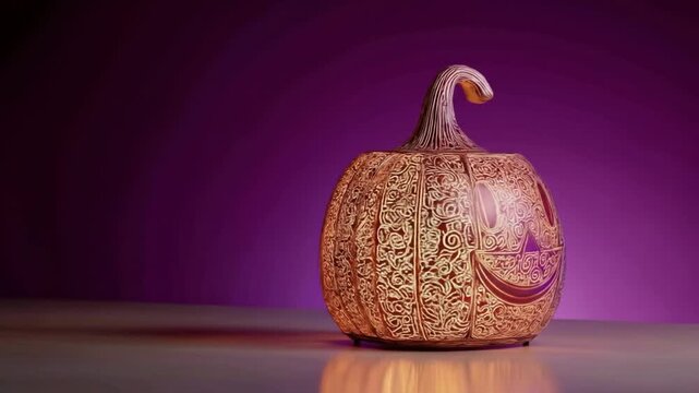 Golden carved pumpkin with floral patterns and illuminated interior
