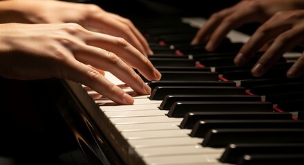 Fototapeta premium A musician's hands gracefully glide across the piano keys, expressing deep artistic passion and creating a soulful melody