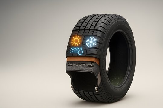 Technical Cutaway Cross Section of All-Season Tire Highlighting Internal Structural Layers with Year-Round Versatility and Balanced Performance