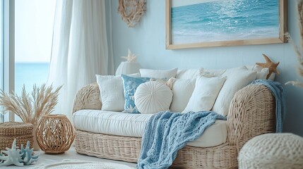 Beach inspired lounge with whitewashed furniture a wicker sofa coastal decor and blue and white accents creating a breezy atmosphere with ocean themed touches and natural textures