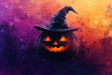 A dark, moody depiction of a jack-o'-lantern wearing a witch's hat, set against a vibrant background of splatter paint in warm and cool hues.
