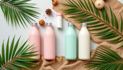 Colorful Bottles Surrounded by Tropical Leaves and Natural Elements on Light Background