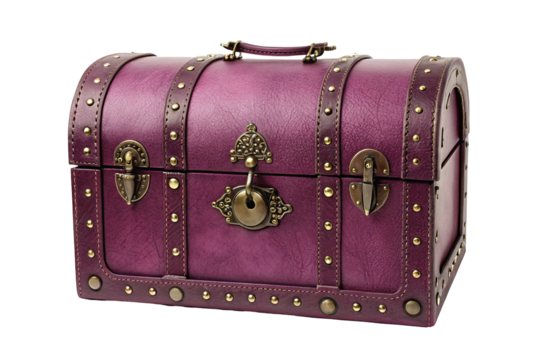Vintage purple treasure chest with brass accents and leather details for elegant storage decor