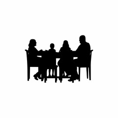 Family members silhouette laughing at dining table isolated on white background